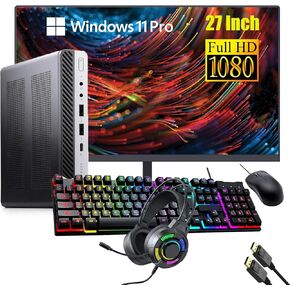HP EliteDesk 800 G3 Mini Desktop Computer, 27" FHD Monitor, RGB Headset, Core i7-6700 3.4GHz, 16GB DDR4 RAM, 256GB SSD, USB WiFi+BT, Keyboard&Mouse, Windows 11 Pro (Renewed)