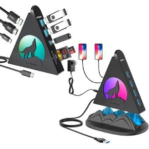 Vertical RGB Wolf USB C HDMI Hub & Powered Base-Stand USB 3.0 Hub, Type C Hub with 4K HDMI, PD 100W, USB A/USB C 3.0, SD/TF Slots, Gaming Accessories for MacBook, iMac, PC, Mac Mini