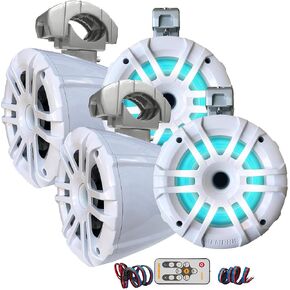 Memphis Audio LED Tower Speaker Bundle with 4 (2 Pairs) MXA62TW White 6.5 Compression Speakers with Swivel Mounting Clamps and Remote