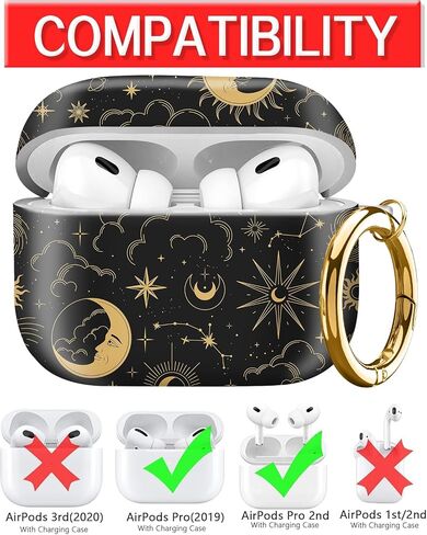 Compatible with AirPod Pro Case 2nd/1st Gen (2023/2022/2019),Shockproof Protective Cover with Keychain for Women,Cute Charging Case for Airpod Pro 2/1(Celestial Moon and Sun) in Saudi Arabia