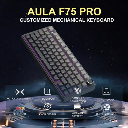 Molgria X Aula F75 لوحة مفاتيح الألعاب ، الوضع الثلاثي متصل بنسبة 75 ٪ من لوحة المفاتيح الميكانيكية مع الإضاءة الخلفية التي تواجه الجنوب الخلفية من خلال الكبسولة الساخنة الساخنة والمقبض (التدرج الأسود) in Saudi Arabia