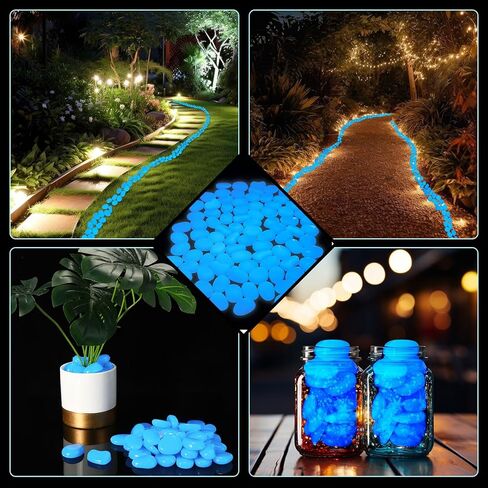 Landical 100 Pcs Glow in The Dark Pebbles 1.8 Inch Fish Tank Rocks Blue Aquarium Gravel Outdoor Glow in The Dark Rocks Luminous Stones for Garden Walkway Succulent Plant Gift Decor, 1600g/3.53lbs in Kuwait