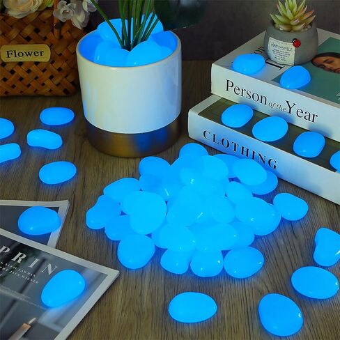 Landical 100 Pcs Glow in The Dark Pebbles 1.8 Inch Fish Tank Rocks Blue Aquarium Gravel Outdoor Glow in The Dark Rocks Luminous Stones for Garden Walkway Succulent Plant Gift Decor, 1600g/3.53lbs in Kuwait