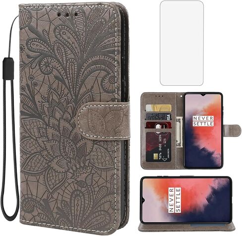 Case for OnePlus 7T Case, HD1907 Wallet Case with Tempered Glass Screen Protector, Lace Flower PU Leather Flip Credit Card Holder Phone Cover for OnePlus 7T Gray in Saudi Arabia