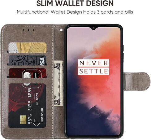 Case for OnePlus 7T Case, HD1907 Wallet Case with Tempered Glass Screen Protector, Lace Flower PU Leather Flip Credit Card Holder Phone Cover for OnePlus 7T Gray in Saudi Arabia
