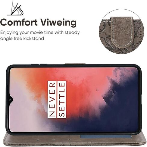 Case for OnePlus 7T Case, HD1907 Wallet Case with Tempered Glass Screen Protector, Lace Flower PU Leather Flip Credit Card Holder Phone Cover for OnePlus 7T Gray in Saudi Arabia