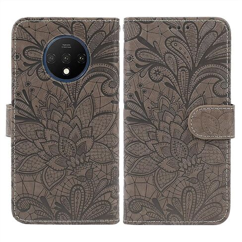 Case for OnePlus 7T Case, HD1907 Wallet Case with Tempered Glass Screen Protector, Lace Flower PU Leather Flip Credit Card Holder Phone Cover for OnePlus 7T Gray in Saudi Arabia