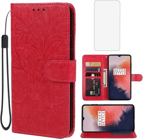 Case for OnePlus 7T Case, HD1907 Wallet Case with Tempered Glass Screen Protector, Lace Flower PU Leather Flip Credit Card Holder Phone Cover for OnePlus 7T Gray in Saudi Arabia