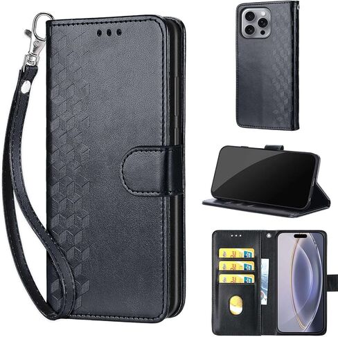 تم تصميم Women Folio Folio مع محفظة Folio Folio مع iPhone 16 Pro Max Cover مع حاملي بطاقة ائتمان من جلد PU Slots Slots Wrist Strap For For iPhone 16 Pro Max 6.9 Inch (Blue Butterfly) in Kuwait