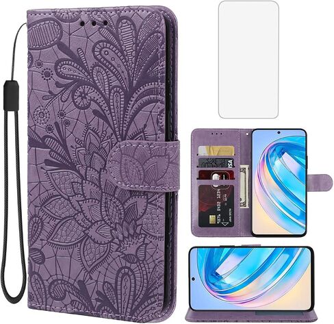 Case for Honor X8A Case, Honor X8 A Wallet Case with Tempered Glass Screen Protector, Lace Flower PU Leather Flip Credit Card Holder Phone Cover for Honor X8A 4G Rose Gold in Saudi Arabia
