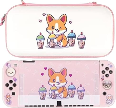BelugaDesign Corgi Boba OLED Bundle | Carry Case Soft Cover Thumb Grips Kit | Cute Anime Bubble Tea Kawaii Dog Pink Pastel Travel Accessories for Girls Women | Compatible with Nintendo Switch OLED in Saudi Arabia