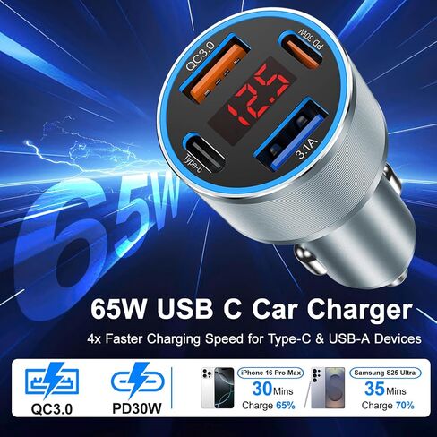 USB C Car Charger, 2Pack 65W 4 Port Car Phone Charger Adapter Fast Charging with Voltmeter,Dual USB-C & USBA Cargador Carro Cigarette Lighter Adapter for iPhone 16/15 Pro Max,iPad,Samsung,Tablet in Saudi Arabia