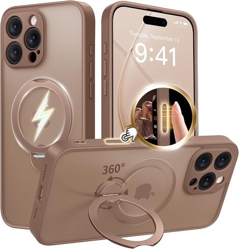 360° Spin Magnetic Stand for iPhone 16 Pro Max Case, [Compatible with MagSafe] [Full Camera Protection] [16FT Military Drop Protection], Silm Translucent Matte Phone Case, Brown in Kuwait