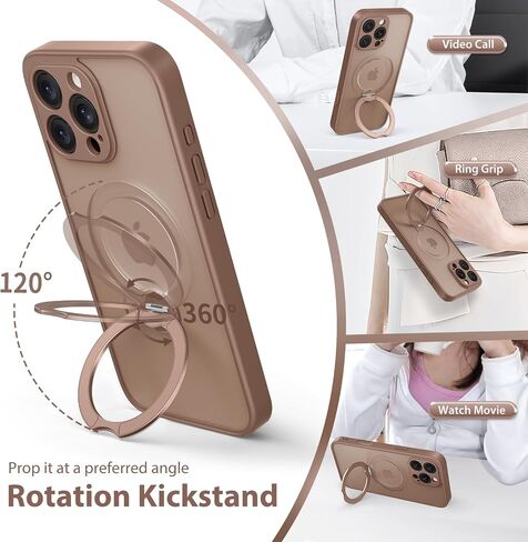 360° Spin Magnetic Stand for iPhone 16 Pro Max Case, [Compatible with MagSafe] [Full Camera Protection] [16FT Military Drop Protection], Silm Translucent Matte Phone Case, Brown in Kuwait