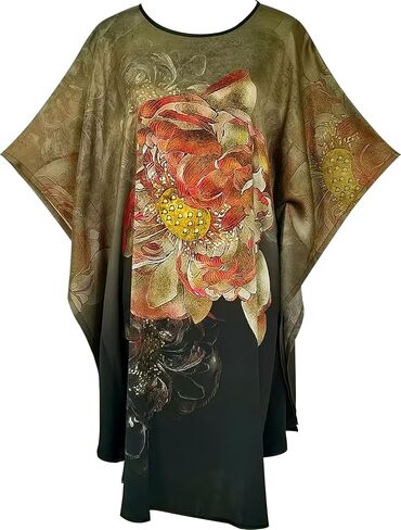 Women's 100% Silk Pajamas, Silk Women's Bathrobes, Silk Kimono Robes, Doll Sleeves Bathrobes - Floral Pattern (Lotus light blue) in Kuwait