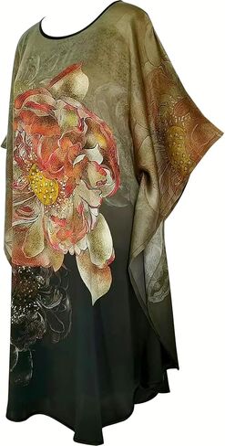 Women's 100% Silk Pajamas, Silk Women's Bathrobes, Silk Kimono Robes, Doll Sleeves Bathrobes - Floral Pattern (Lotus light blue) in Kuwait