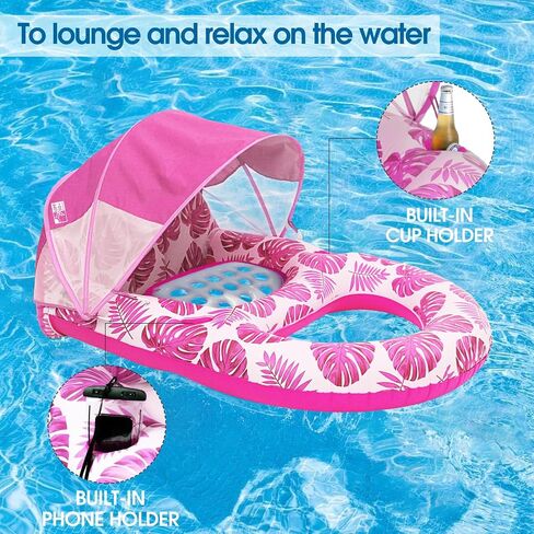 COOLCOOLDEE Pool Lounge Float with Canopy UPF50+,Extra Large Pool Floats for Adults Heavy Duty,Inflatable Lounger Float with Cup Holder & Backrest,Footrest in Saudi Arabia