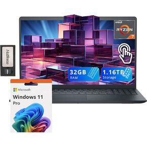 Dell Inspiron 15.6" Anti-Glare FHD Touchscreen Laptop, AMD Ryzen 7 7730U, 32GB DDR4 RAM, 1.16TB Storage(1TB SSD+160GB Docking Station Set), AMD Radeon Graphics, Numeric Keypad, Windows 11 Pro, Black