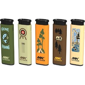 MK Lighter Outdoor Series Alpine Set 5-Pack Assorted Design Multipurpose Refillable, Windproof Flame, Slip Guard Candle & BBQ, Prepping & Camping Supplies, Survival Lighters (OUTDOORSMEN)