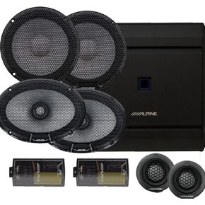 ALPINE R Series Speaker Upgrade Package - One Pair of R2-S65C 6.5" 2-Way Component Speakers, One Pair of R2-S69 6x9 2-Way Coaxial Speakers and 4 Channel S Series Amplifier