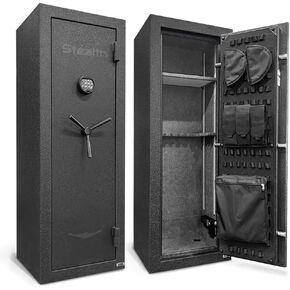 Stealth EGS14 Essential Gun Safe, Fireproof for 30 Minutes, Fits up to 14 Long Guns & Pistols, Adjustable Door Panel Organizer, California DOJ Approved, Internal Power Outlet, Durable Black Paint