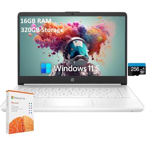 HP 2025 Student Business Laptop, 14" HD Display, Intel Celeron 4-core CPU, 16GB RAM, 320GB Storage(64GB eMMC + 256GB SD Card), 1-Year Office 365, Intel UHD Graphics, Wi-Fi, Windows 11 S, w/Accessories
