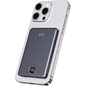 iWALK Magnetic Portable Charger, 5000mAh Ultra-Slim Power Bank Wireless Charging Battery Pack with LED Power Display, Comfortable Grip Powerbank Compatible with iPhone 16/15/14/13/12 Series, Gray