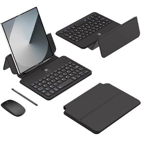 Portable Keyboard and Mouse for Samsung Galaxy Z Fold 7/6/5/4, Ultra-Slim Full Leather Case with Hinged Adjustable Stand, 3 in 1 Mini Bluetooth Keyboard Mouse Pen Set for Travel
