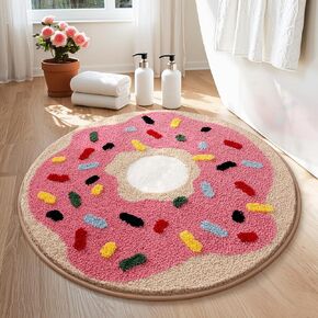 BOVEU Pink Bathroom Rugs - Flower Shower Mat, Round Bath Rugs, Machine Washable Soft Absorbent Cute Bath Mats for Bathroom Floor Shower Sink, 23.6 x 23.6 in