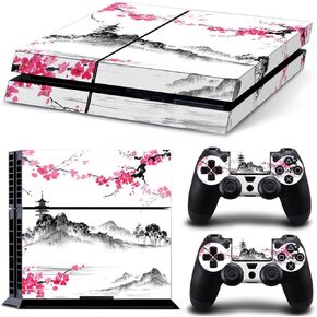 ZOOMHITSKINS Compatible for PS 4, Japanese Cherry Blossom Pink Temple Pastel Flower Castle Old, Durable & Fit Vinyl, Made in The USA