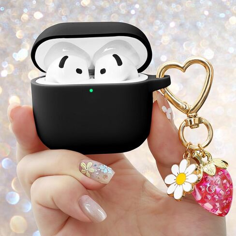 for Airpods 4 Case 2024 with Cute Keychain for Women Girly, Soft Silicone Protective Apple AirPods 4th Generation Cases Cover for Airpod iPod 4th Gen, Anti-Scratch, Front LED Visible, Rose Gold in Kuwait