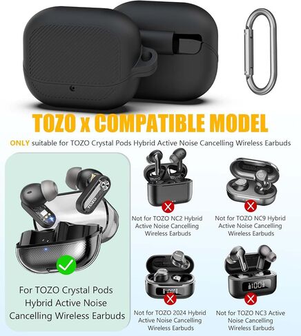for TOZO Crystal Pods(2024) Case Cover, Silicone Protective Scratch Resistant Cover for TOZO Hybrid Active Noise Cancelling Wireless Earbuds with Carabiner-Black in Saudi Arabia