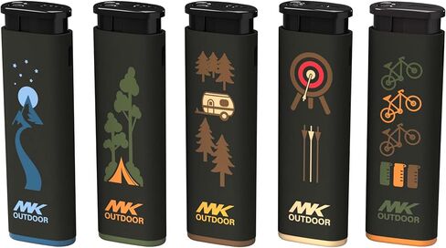 MK Lighter Outdoor Series Alpine Set 5-Pack Assorted Design Multipurpose Refillable, Windproof Flame, Slip Guard Candle & BBQ, Prepping & Camping Supplies, Survival Lighters (OUTDOORSMEN) in Kuwait