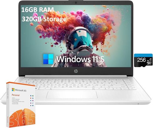 HP 2025 Student Business Laptop, 14" HD Display, Intel Celeron 4-core CPU, 16GB RAM, 320GB Storage(64GB eMMC + 256GB SD Card), 1-Year Office 365, Intel UHD Graphics, Wi-Fi, Windows 11 S, w/Accessories in Saudi Arabia