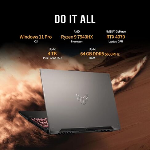 ASUS TUF Gaming A16 APPOP ، AMD RYZEN 9 7940HX (BEAT I9-13900H) ، NVIDIA RTX 4070 ، 16 "2560x1600 QHD+ 165Hz ، 64 GB DDR5 ، 2 TB SSD ، Windows 11 Pro ، Office ، FA607PI-AS94 in Kuwait
