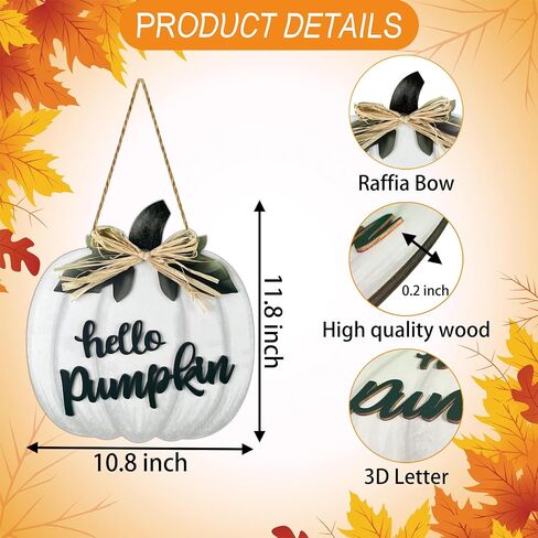 Fall Wreaths for Front Door Wooden Thanksgiving Hello Pumpkin with bow Hanging Sign Front Porch Decor Door Sign Rustic Farmhouse Wall Living Room Home Decorations 11.8 x 10.8 Inch White in Saudi Arabia