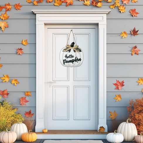 Fall Wreaths for Front Door Wooden Thanksgiving Hello Pumpkin with bow Hanging Sign Front Porch Decor Door Sign Rustic Farmhouse Wall Living Room Home Decorations 11.8 x 10.8 Inch White in Saudi Arabia