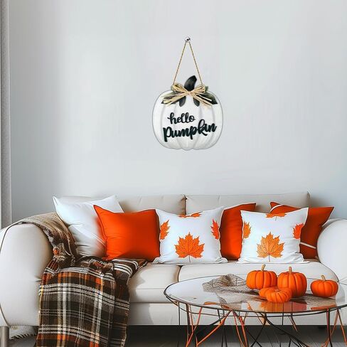 Fall Wreaths for Front Door Wooden Thanksgiving Hello Pumpkin with bow Hanging Sign Front Porch Decor Door Sign Rustic Farmhouse Wall Living Room Home Decorations 11.8 x 10.8 Inch White in Saudi Arabia