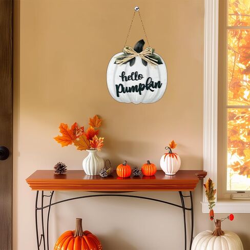 Fall Wreaths for Front Door Wooden Thanksgiving Hello Pumpkin with bow Hanging Sign Front Porch Decor Door Sign Rustic Farmhouse Wall Living Room Home Decorations 11.8 x 10.8 Inch White in Saudi Arabia