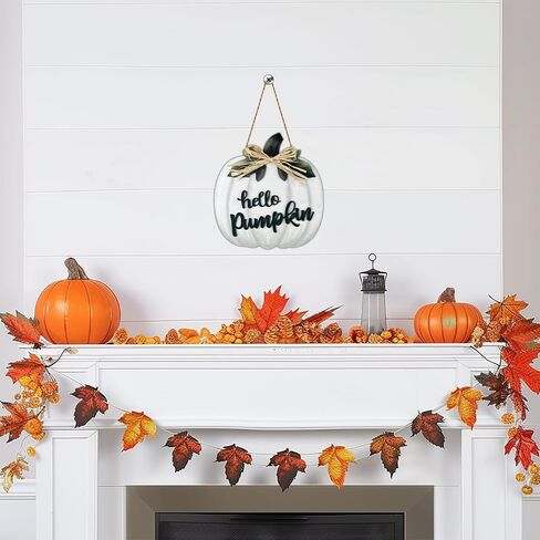 Fall Wreaths for Front Door Wooden Thanksgiving Hello Pumpkin with bow Hanging Sign Front Porch Decor Door Sign Rustic Farmhouse Wall Living Room Home Decorations 11.8 x 10.8 Inch White in Saudi Arabia