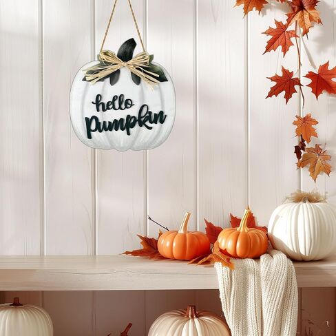 Fall Wreaths for Front Door Wooden Thanksgiving Hello Pumpkin with bow Hanging Sign Front Porch Decor Door Sign Rustic Farmhouse Wall Living Room Home Decorations 11.8 x 10.8 Inch White in Saudi Arabia