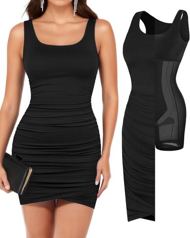 فستان Popilush The Shapewear Dress Ruched - فستان Bodyson بدون أكمام للنساء فستان صيفي in Saudi Arabia
