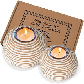 Tuva Orb Candle Holders (Gift Boxed Set of 2), Table Centerpieces for Dining or Living Room, Spa, Bathroom, Kitchen Counter, Mantle or Coffee Table Decor (Light Brown and White)