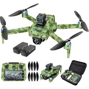 GPS Drone with 5.9 Inch Screen controller, Dual Camera, GPS Positioning, One-key Return, Water Flow Mode, Obstacle Avoidance, Stable Flying, Emergency Stop, Army Green two-battery version