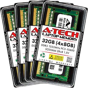 A-Tech RAM 32GB Kit (4x8GB) DDR3 1333 MHz PC3-10600 SODIMM - Laptop & All-in-One Computer Memory - CL9 2Rx8 1.5V 204-Pin SO-DIMM Non-ECC Unbuffered Upgrade Modules