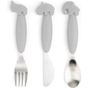 Done by Deer Easy-grip Cutlery Set Deer Friends Green - 100% Food Grade Silicone, Spoon, Fork, and Knife, Ideal for Toddlers, Anti-Slip Handles