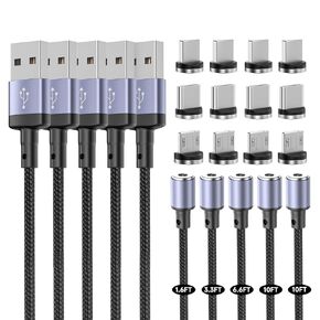 كابل الشحن المغناطيسي 5Pack ، شاحن الهاتف المغناطيسي الدوار 360 درجة مع ضوء LED ، 3 في 1 حبال USB المغناطيس المضفر من النايلون للنوع C ، جهاز USB Micro (أسود)