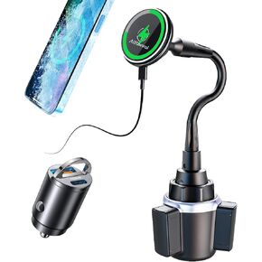 for Qi2 15W Magsafe Car Cup Holder Charger [Heat Restriction], Magnetic Cup Holder Phone Holder Wireless Charger, Fast Charging for iPhone 16 to12 Series[with 30W PD3.0&QC4.0 Car Adapter]