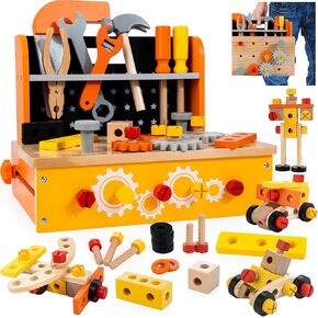 KIDWILL Wooden Tool Bench for Kids, 54-Piece Kids Tool Set with 2-in-1 Workbench & Take-Along Tool Kit, STEM Educational Toy Tools for Kids Ages 3 4 5 6 7 8 Years Old, Boy Toys