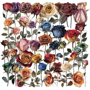 50Pcs Dried Flowers Stickers Pack, Vintage Rose Stickers for Scrapbook, Laptop, Journal, Water Bottle, Kindle, Suitcase, Computer, Skateboard, Notebook, Waterproof PET Transparent Sticker